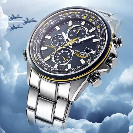 Men's Steel Belt Leather Quartz Full-function Blue Angel Hand Watch