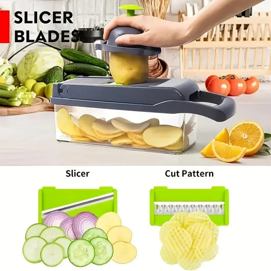Multifunctional vegetable chopper with various slicing blades, showcasing sliced vegetables and fruits, ideal for meal prep.