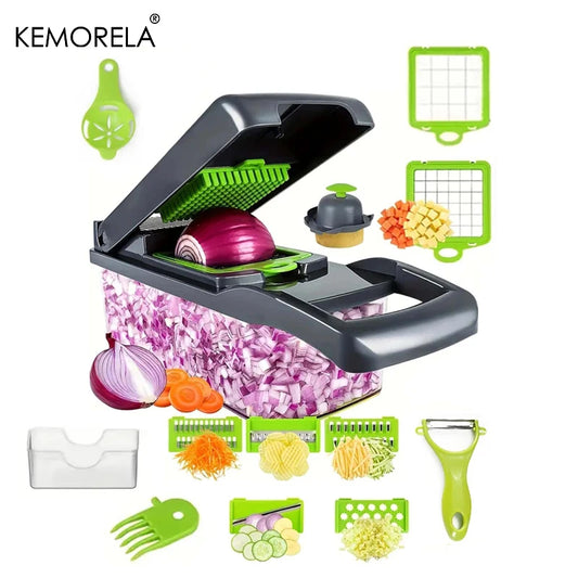 Multifunctional vegetable chopper by KEMORELA with stainless steel blades, eco-friendly tools, and various chopping accessories.