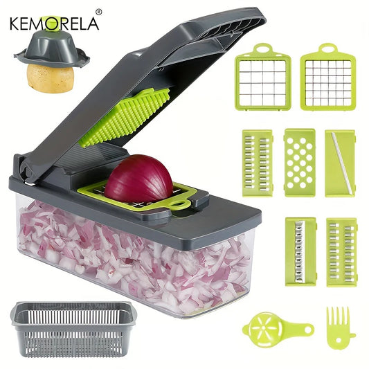 Multifunctional vegetable chopper by KEMORELA with stainless steel blades and eco-friendly design, ideal for chopping onions and potatoes.