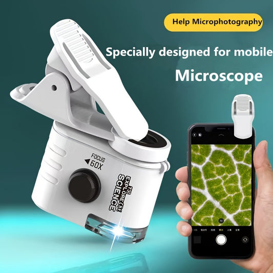 60X mobile phone microscope clip-on, designed for microphotography, showing cellular structure on smartphone.