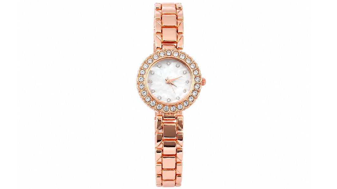 Women's Diamond Watch in Rose Gold with Crystal Bezel and Elegant Bracelet Design